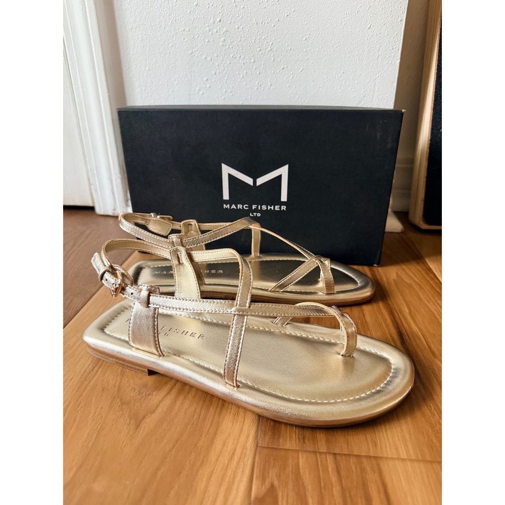 Marc‎ Fisher LTD Gerty Gold Metallic Strappy Flat Leather Sandals Mens 9M NEW